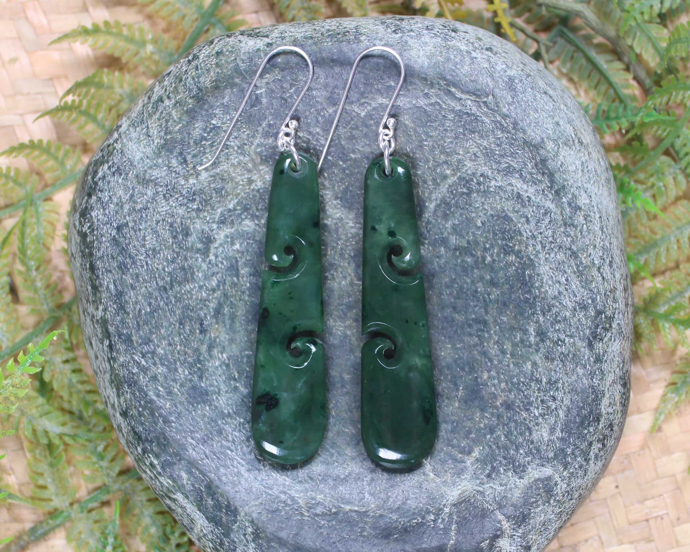 Roimata with Koru earrings carved from Kawakawa Pounamu - NZ Greenstone