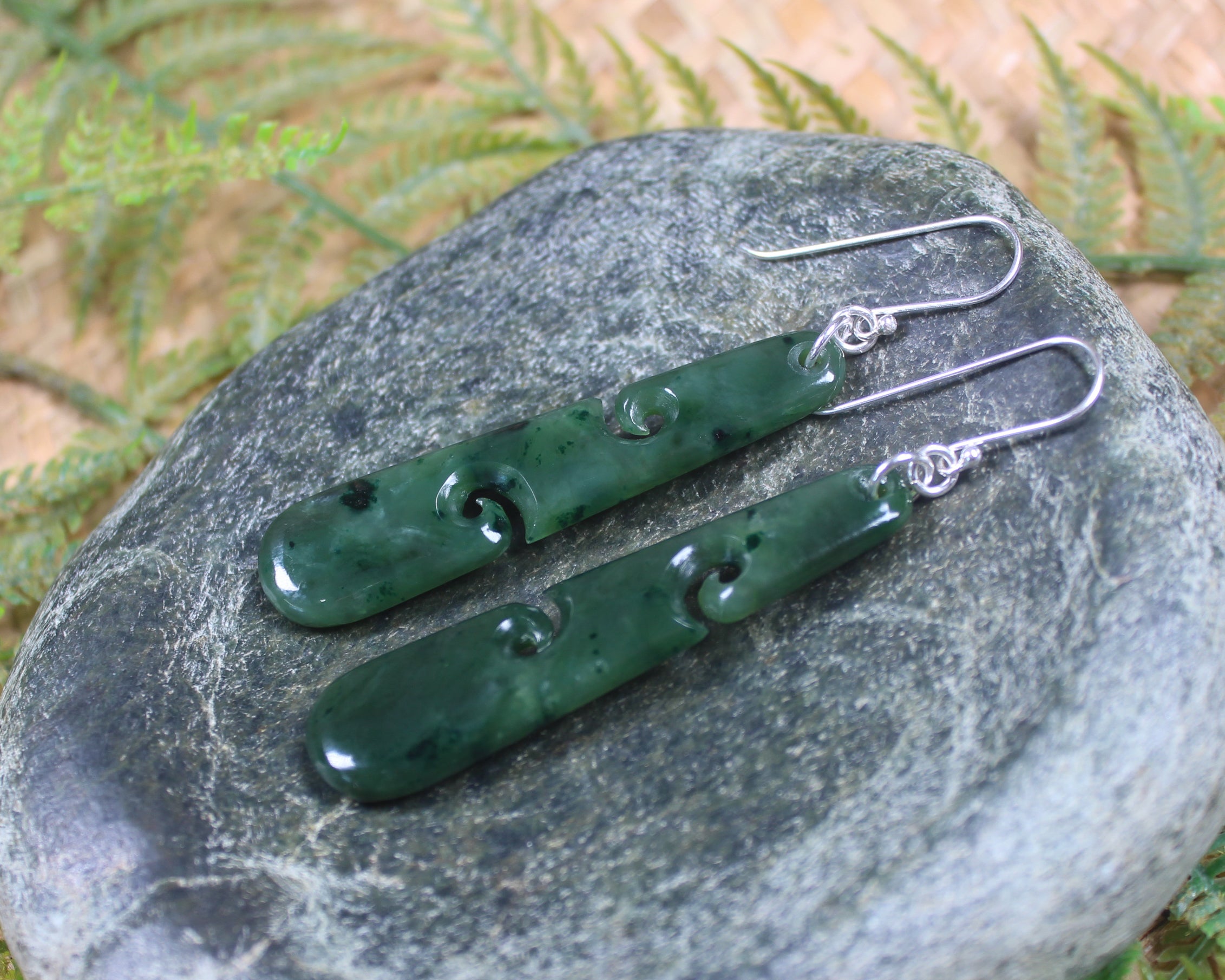 Roimata with Koru earrings carved from Kawakawa Pounamu - NZ Greenstone