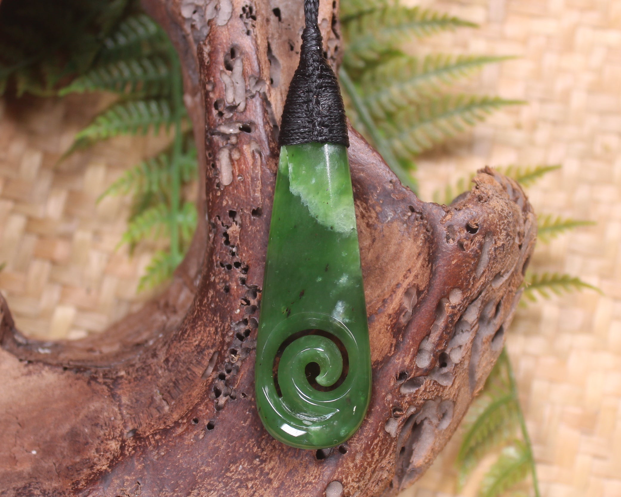 Roimata or Teardop with Koru carved from Kawakawa Pounamu - NZ Greenstone