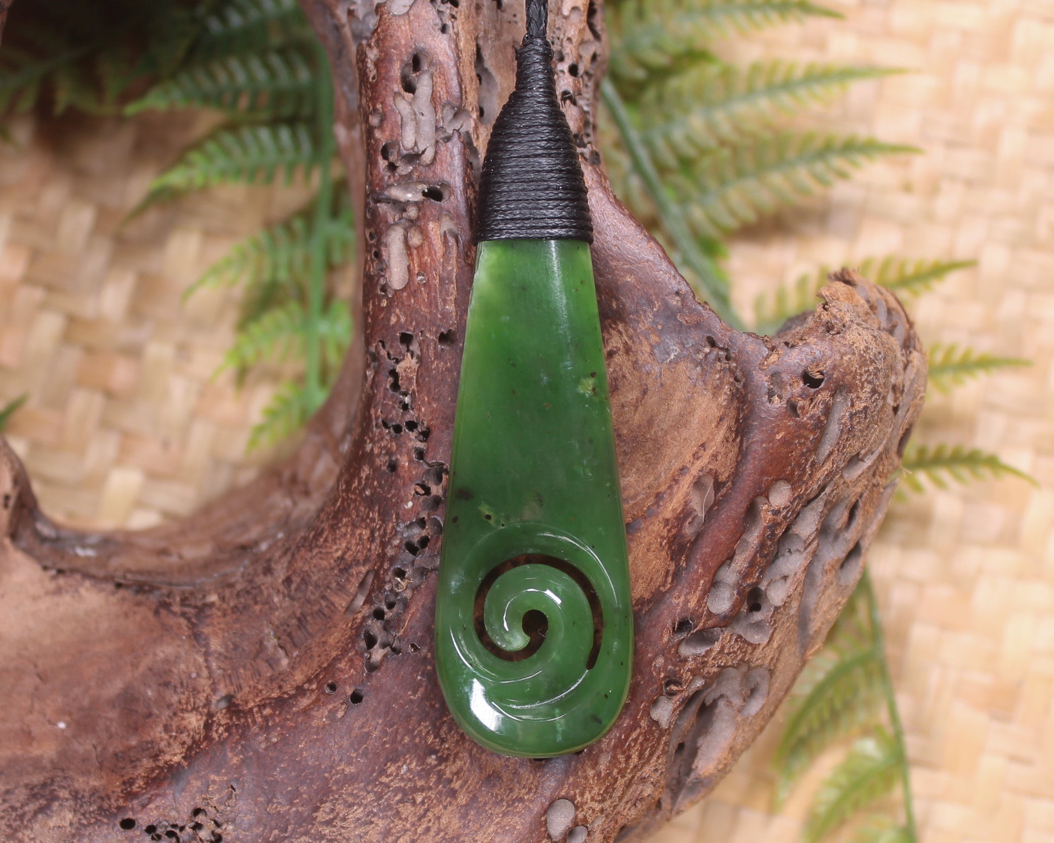 Roimata or Teardop with Koru carved from Kawakawa Pounamu - NZ Greenstone