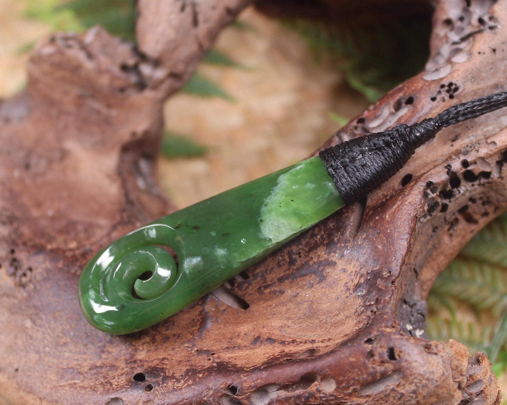 Roimata or Teardop with Koru carved from Kawakawa Pounamu - NZ Greenstone