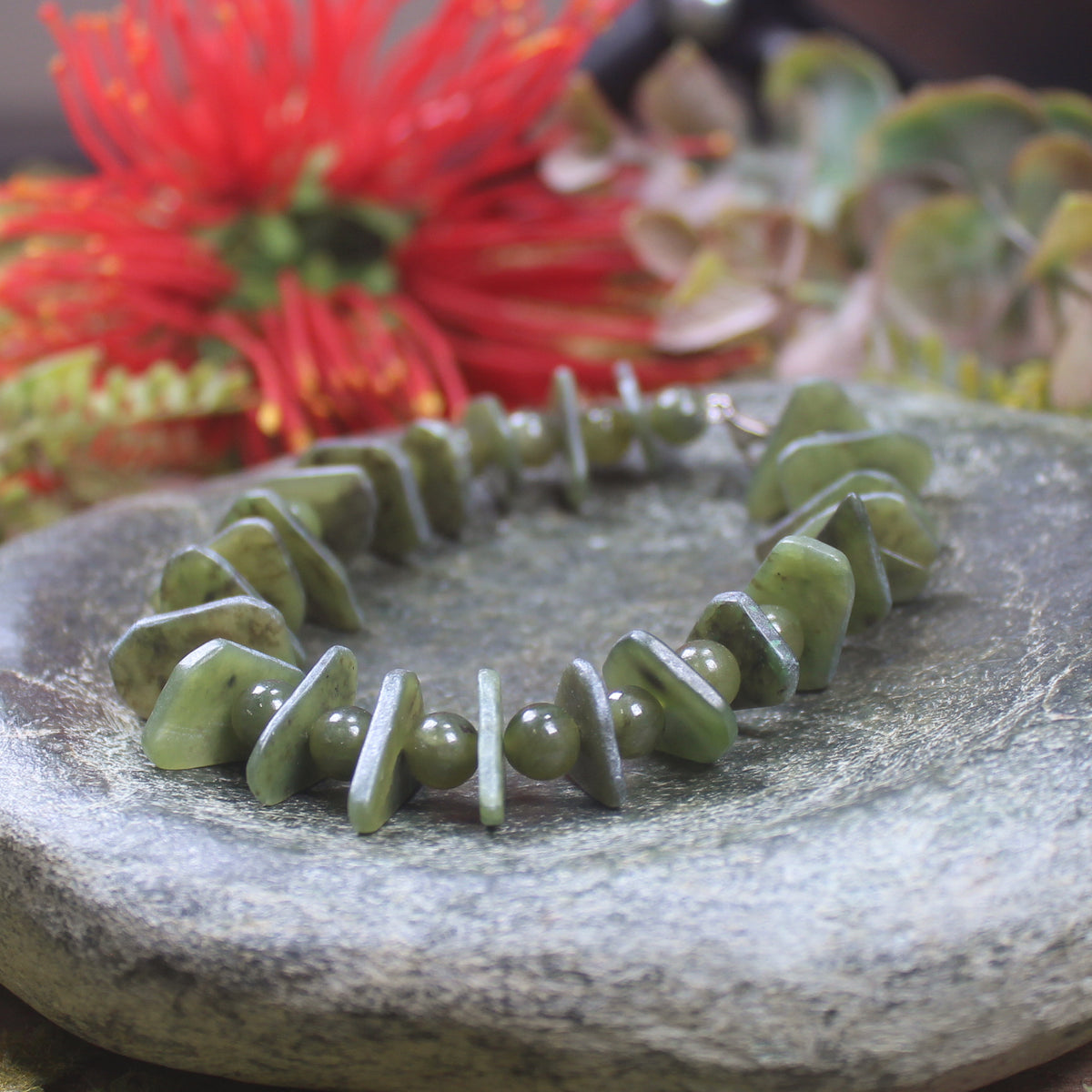 Hapopo Pounamu Sterling Silver beaded bracelet - NZ Greenstone