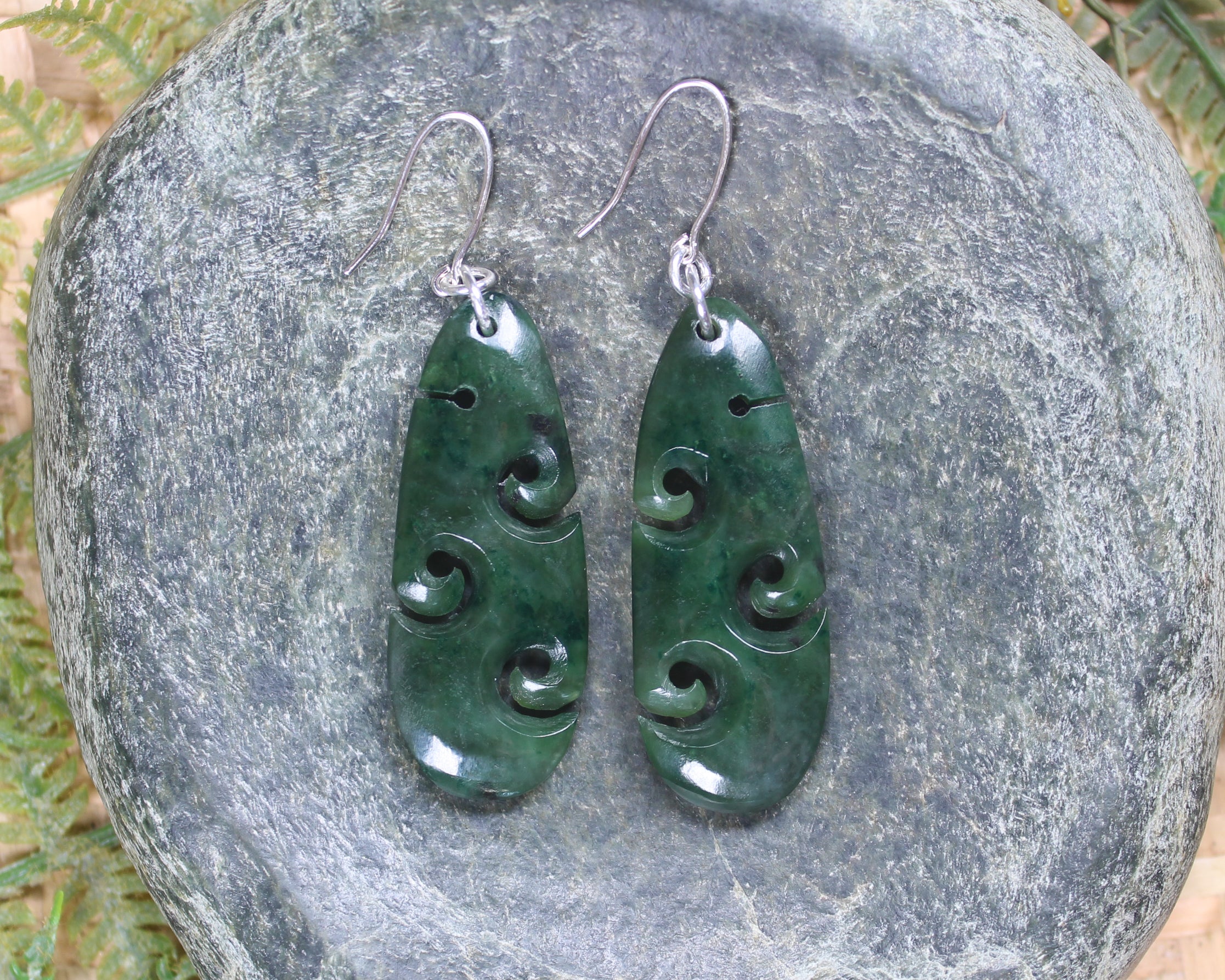 Roimata with Koru earrings carved from Kawakawa Pounamu - NZ Greenstone