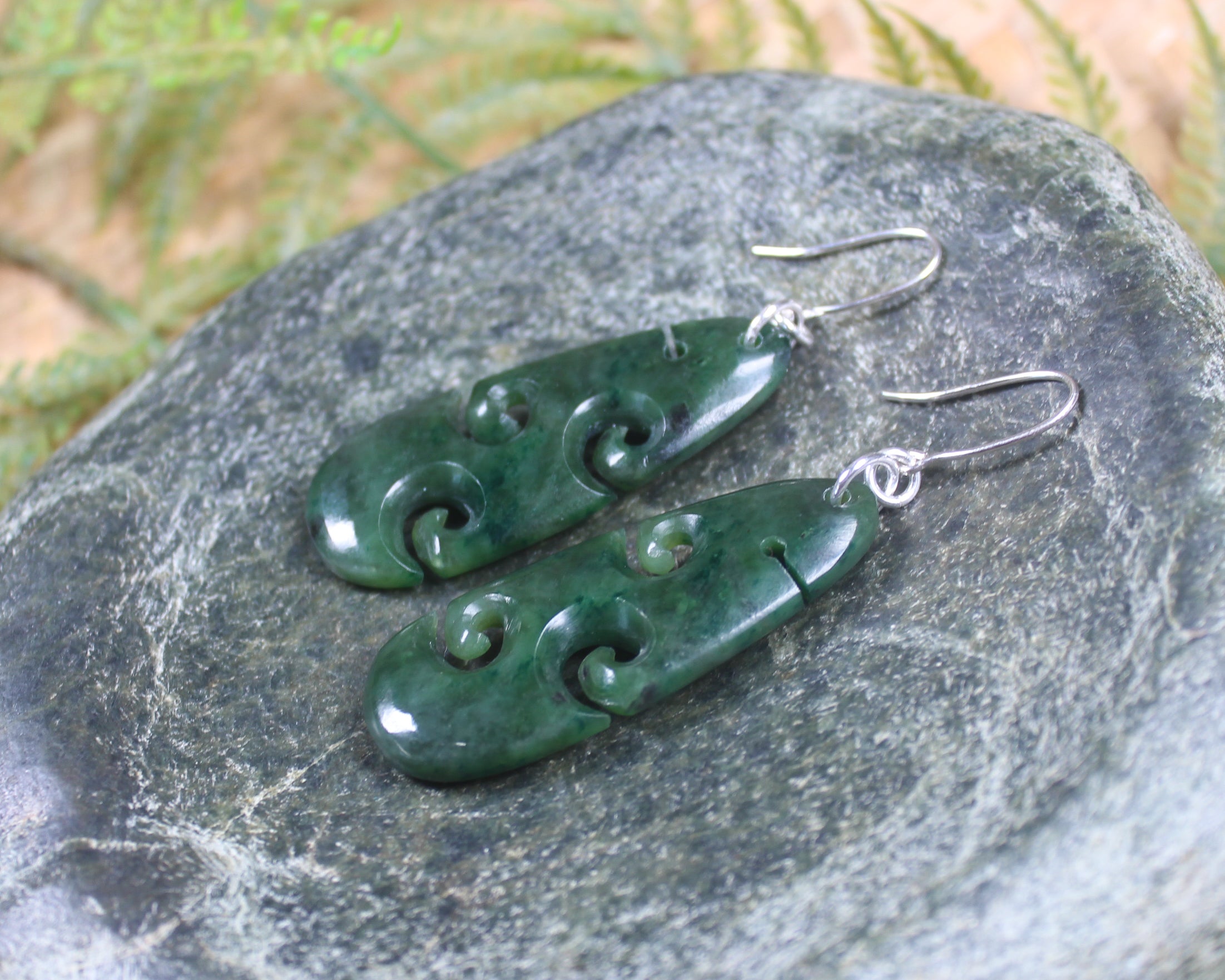 Roimata with Koru earrings carved from Kawakawa Pounamu - NZ Greenstone