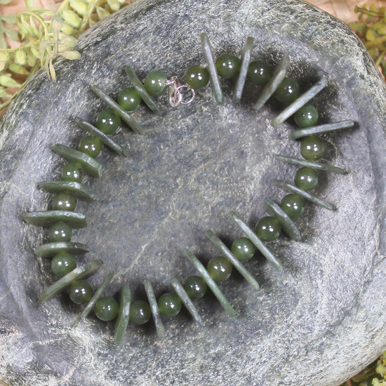 Hapopo Pounamu Sterling Silver beaded bracelet - NZ Greenstone