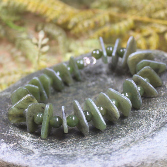 Hapopo Pounamu Sterling Silver beaded bracelet - NZ Greenstone