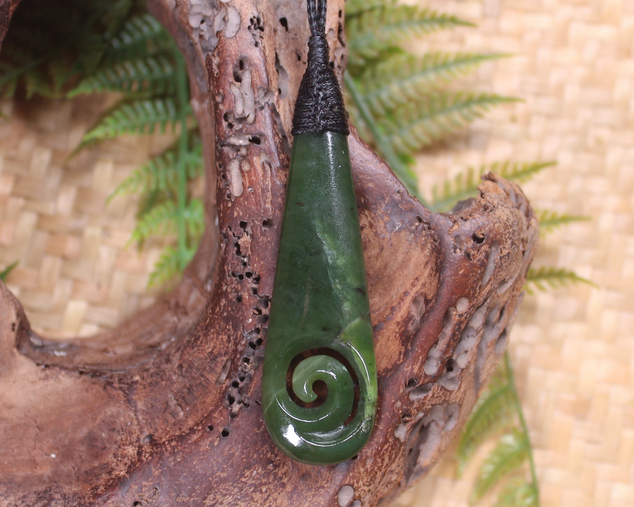 Roimata or Teardop with Koru carved from Kawakawa Pounamu - NZ Greenstone