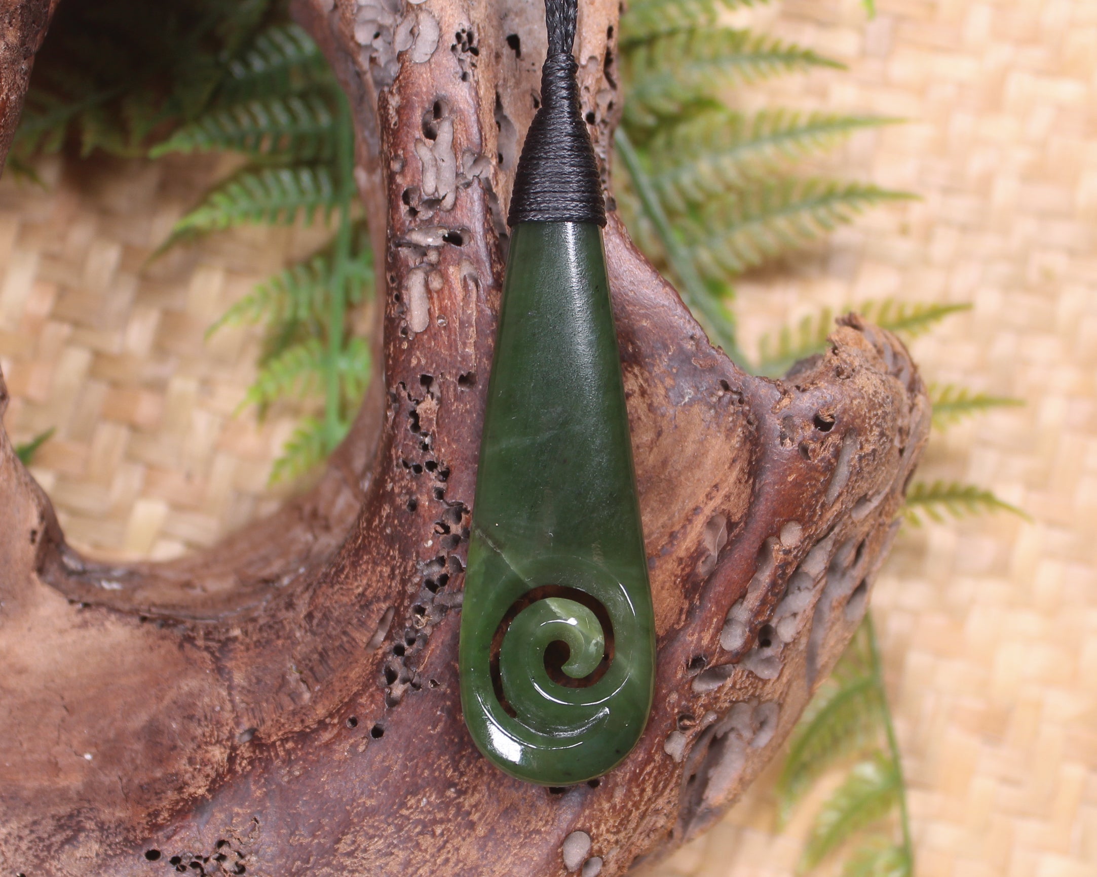 Roimata or Teardop with Koru carved from Kawakawa Pounamu - NZ Greenstone