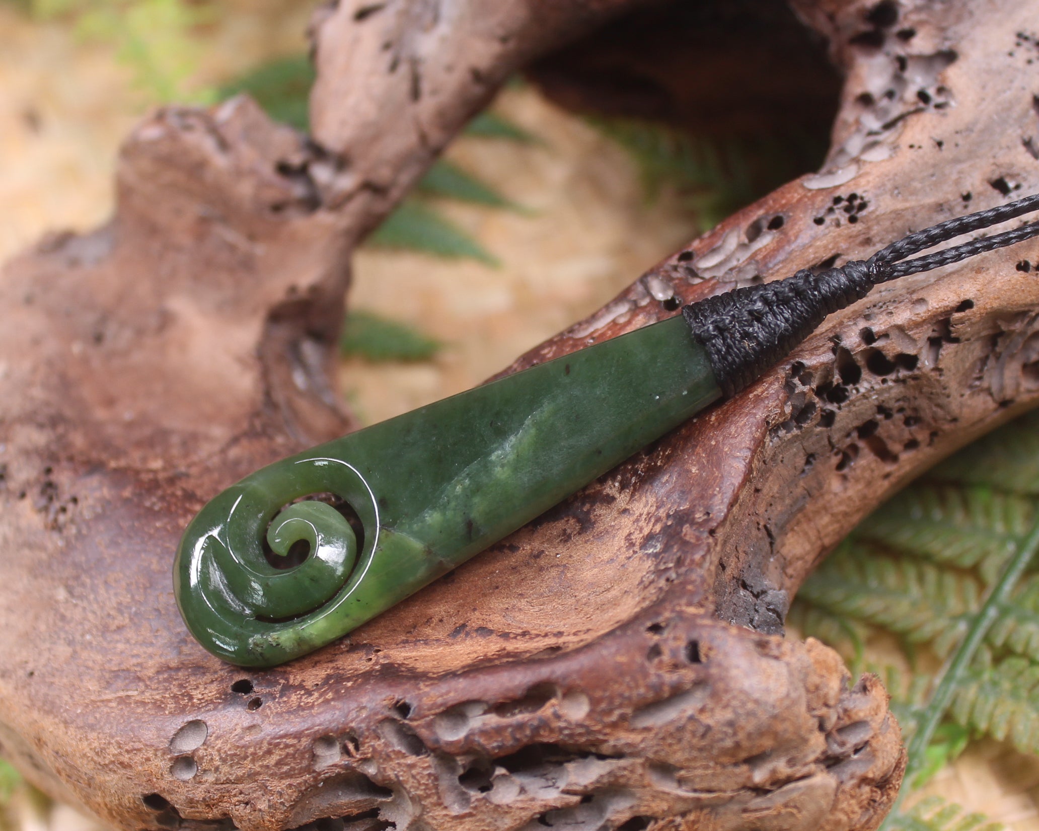 Roimata or Teardop with Koru carved from Kawakawa Pounamu - NZ Greenstone