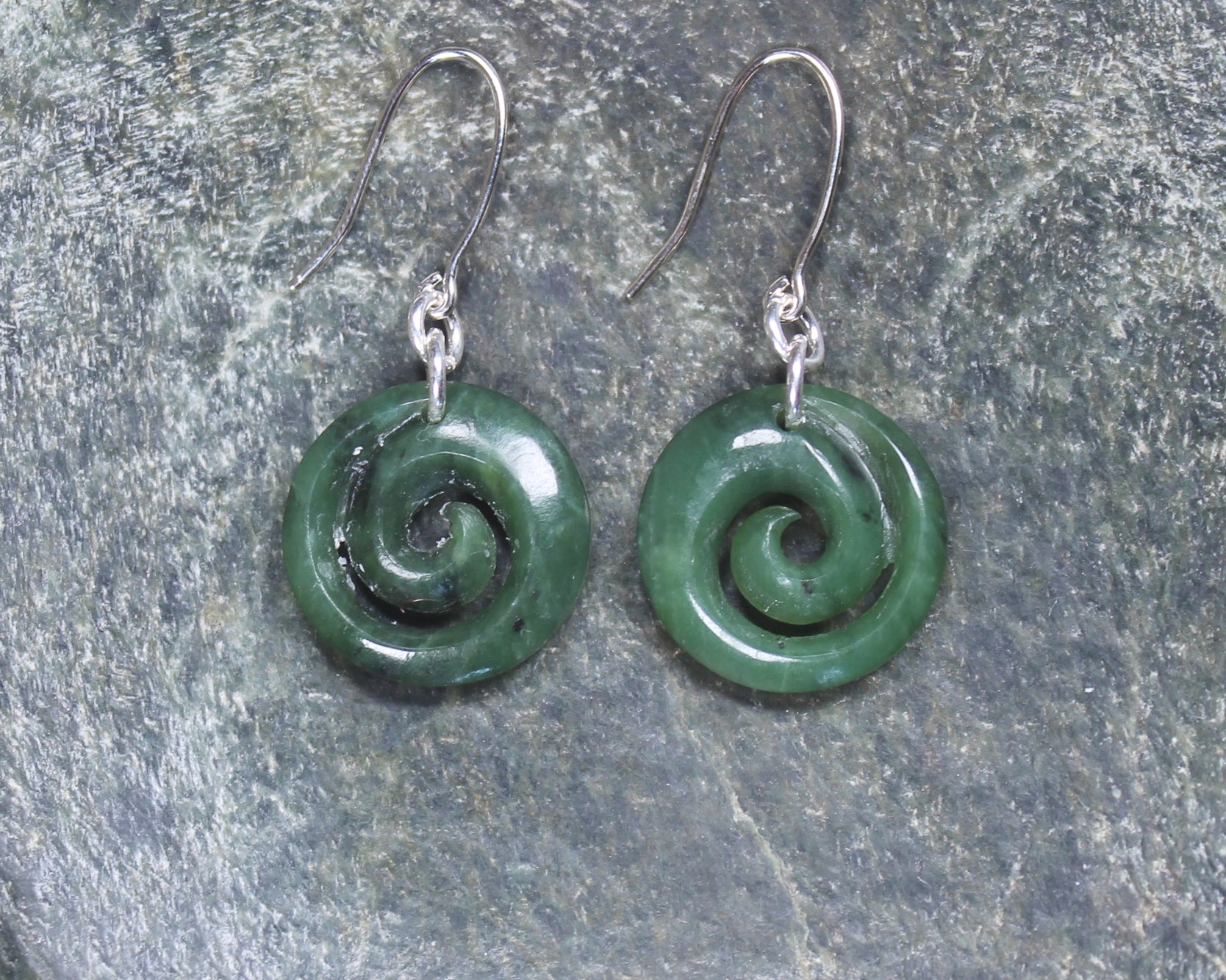 Koru Earrings carved from Hapopo Pounamu - NZ Greenstone