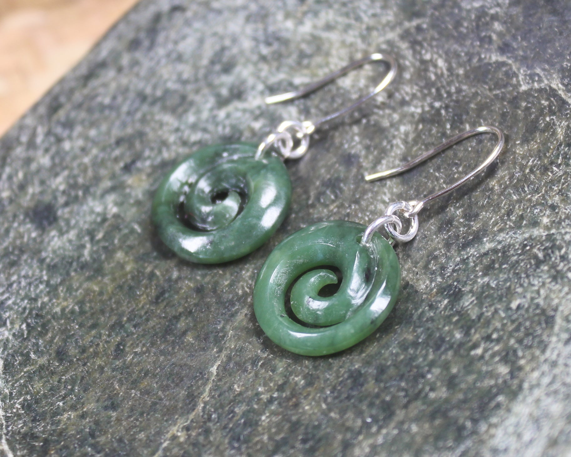 Koru Earrings carved from Hapopo Pounamu - NZ Greenstone