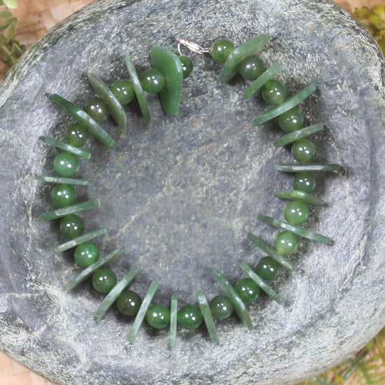 Hapopo Pounamu Sterling Silver beaded bracelet - NZ Greenstone