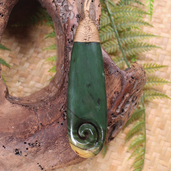 Roimata or Teardop with Koru carved from Kawakawa Pounamu - NZ Greenstone