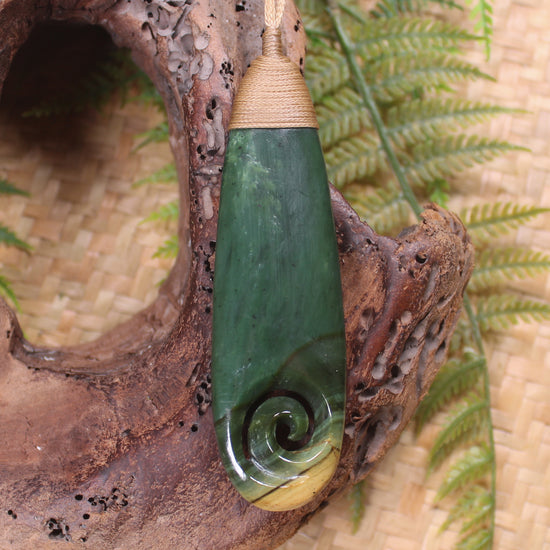Roimata or Teardop with Koru carved from Kawakawa Pounamu - NZ Greenstone