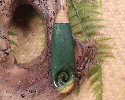 Roimata or Teardop with Koru carved from Kawakawa Pounamu - NZ Greenstone