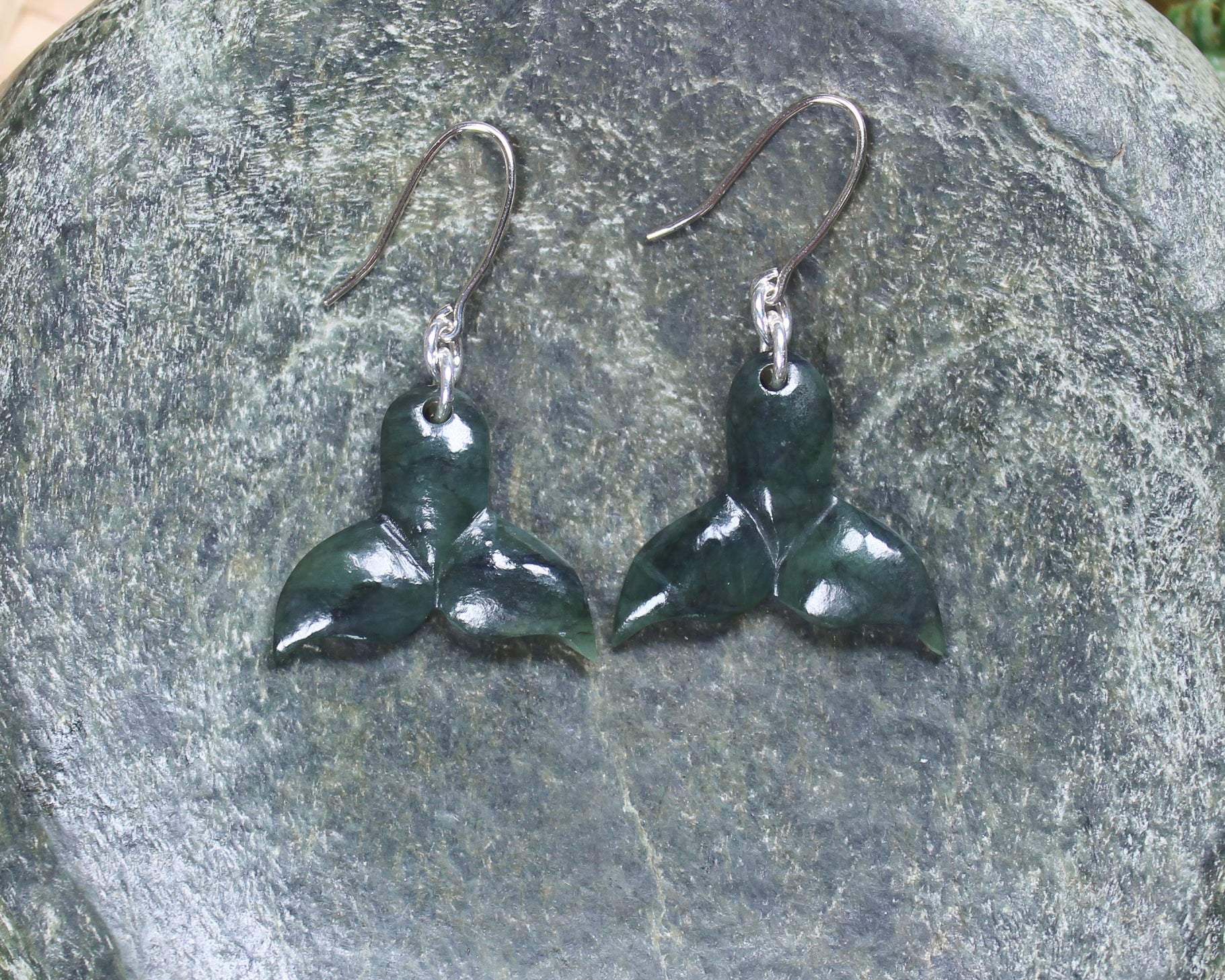 Whale Tail Earrings carved from Rimu Pounamu - NZ Greenstone