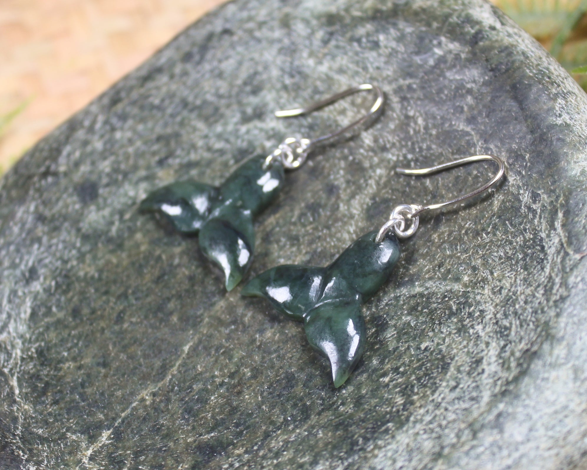 Whale Tail Earrings carved from Rimu Pounamu - NZ Greenstone