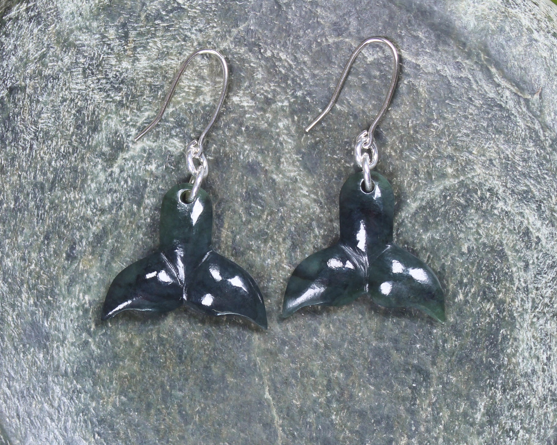 Whale Tail Earrings carved from Rimu Pounamu - NZ Greenstone