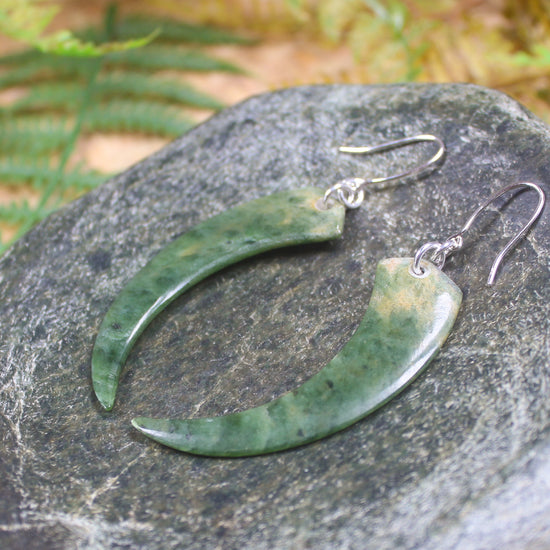 Huia Beak earrings carved from Flower Jade Pounamu - NZ Greenstone