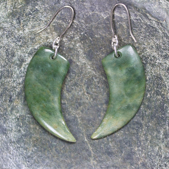 Huia Beak earrings carved from Flower Jade Pounamu - NZ Greenstone