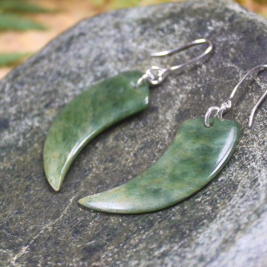Huia Beak earrings carved from Flower Jade Pounamu - NZ Greenstone