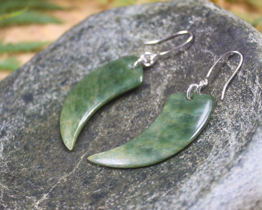 Huia Beak earrings carved from Flower Jade Pounamu - NZ Greenstone