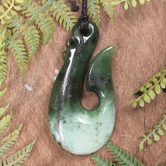 Hei Matau or Fish Hook carved from Rimu Pounamu - NZ Greenstone