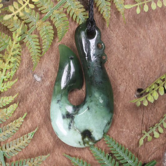 Hei Matau or Fish Hook carved from Rimu Pounamu - NZ Greenstone