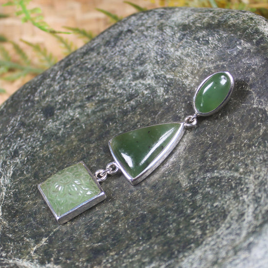 Hapopo Pounamu pendant set in Sterling Silver - NZ Greenstone