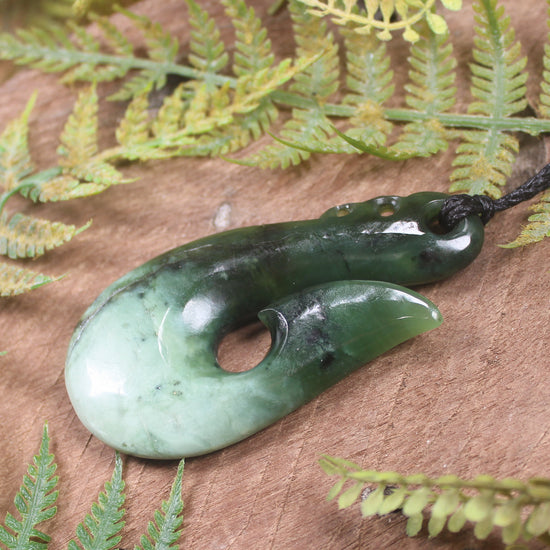 Hei Matau or Fish Hook carved from Rimu Pounamu - NZ Greenstone