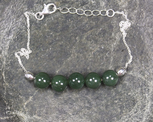 Kawakawa Pounamu Sterling Silver beaded bracelet - NZ Greenstone