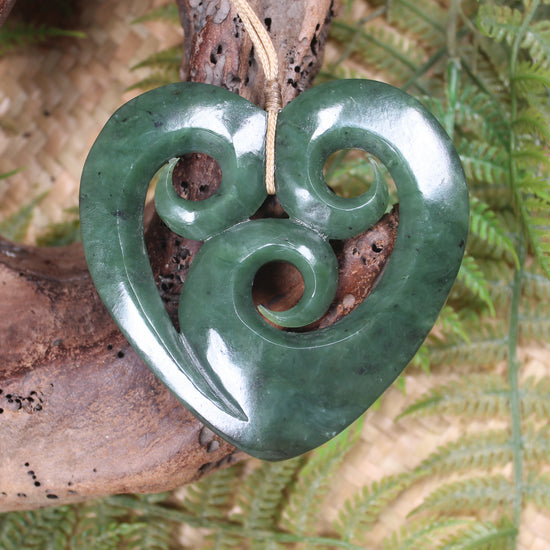 Heart with Koru carved from Hapopo Pounamu - NZ Greenstone