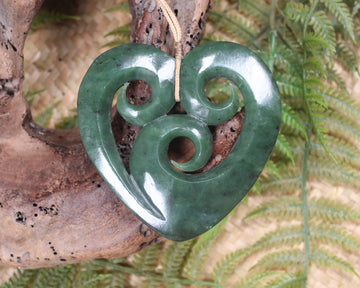 Heart with Koru carved from Hapopo Pounamu - NZ Greenstone