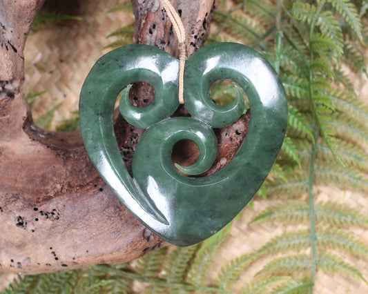 Heart with Koru carved from Hapopo Pounamu - NZ Greenstone