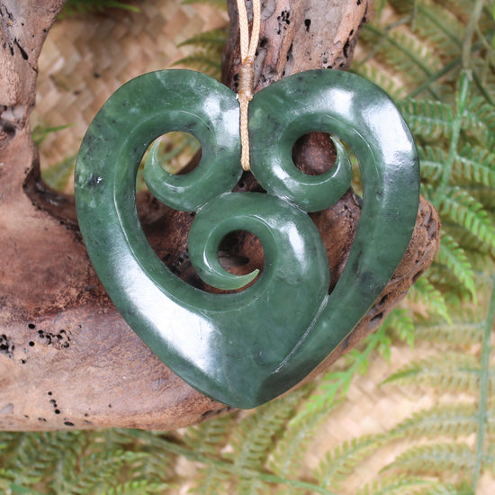 Heart with Koru carved from Hapopo Pounamu - NZ Greenstone