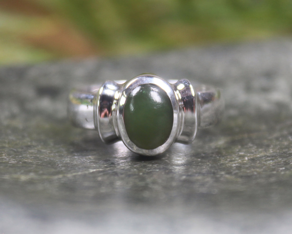 Sterling Silver Kawakawa Pounamu Ring - NZ Greenstone