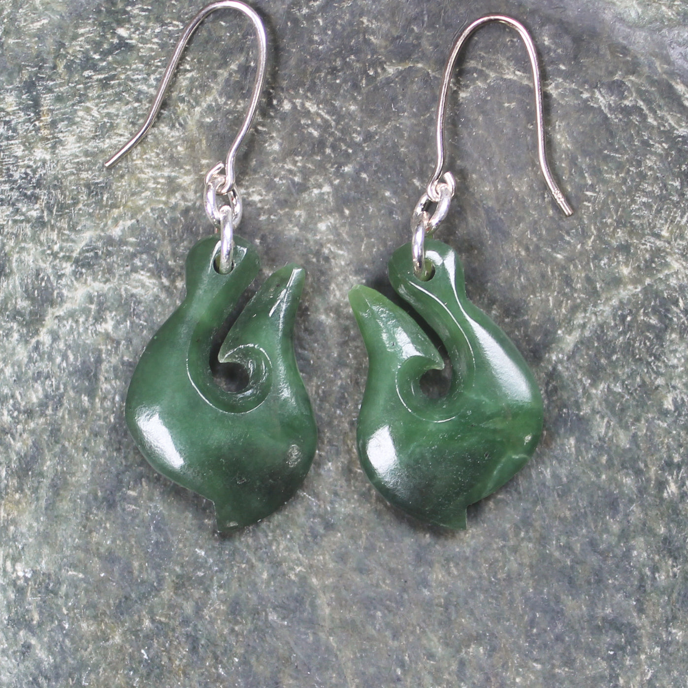 Matau or Fish Hook Earrings carved from Hapopo Pounamu - NZ Greenstone