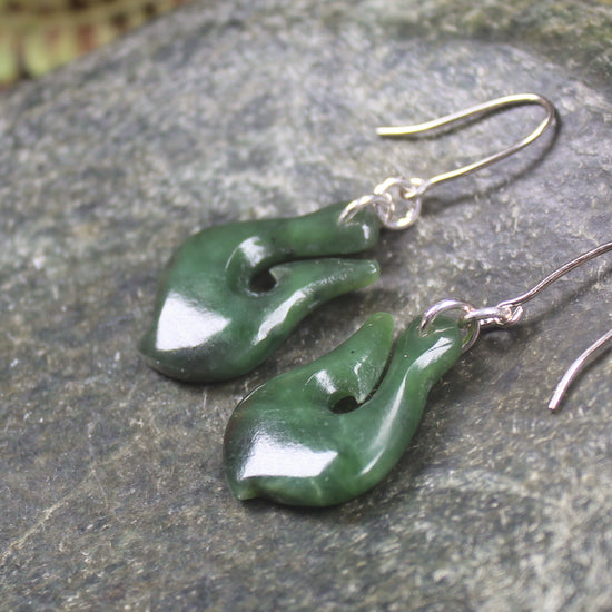 Matau or Fish Hook Earrings carved from Hapopo Pounamu - NZ Greenstone