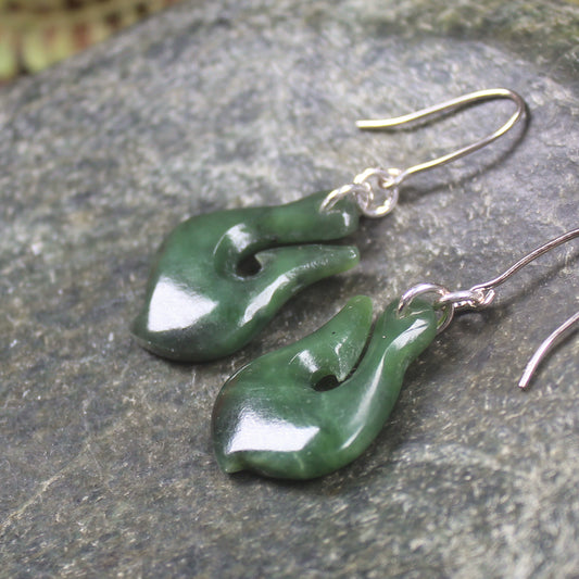 Matau or Fish Hook Earrings carved from Hapopo Pounamu - NZ Greenstone