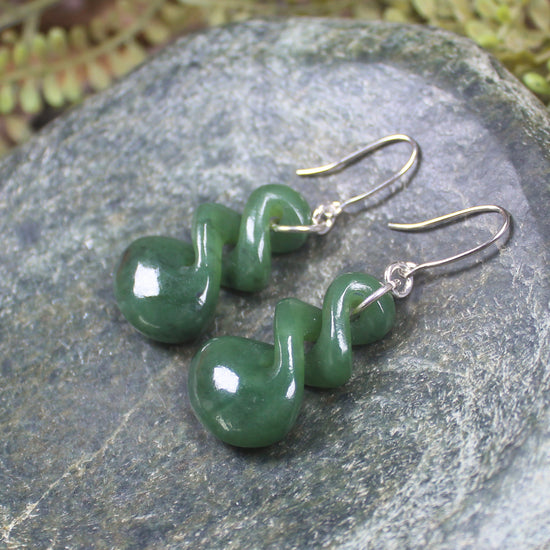 Twist Earrings carved from Hapopo Pounamu - NZ Greenstone
