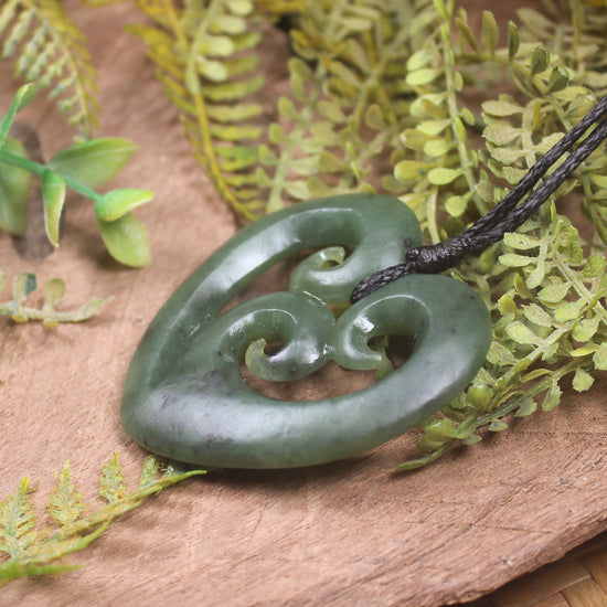 Heart with Koru carved from Hapopo Pounamu - NZ Greenstone