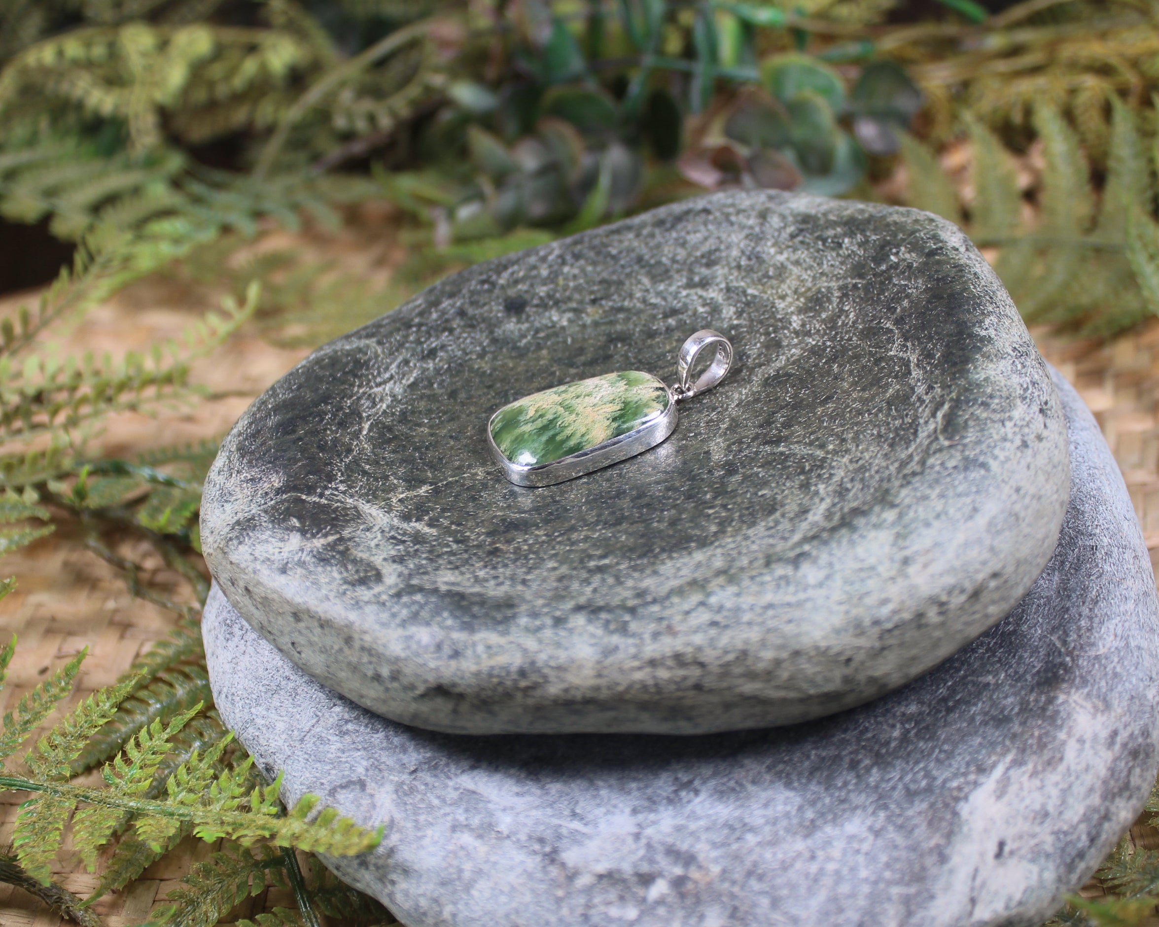 Sterling Silver Greenstone Pendant carved from Flower Jade Pounamu - NZ Greenstone