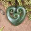 Heart with Koru carved from Hapopo Pounamu - NZ Greenstone