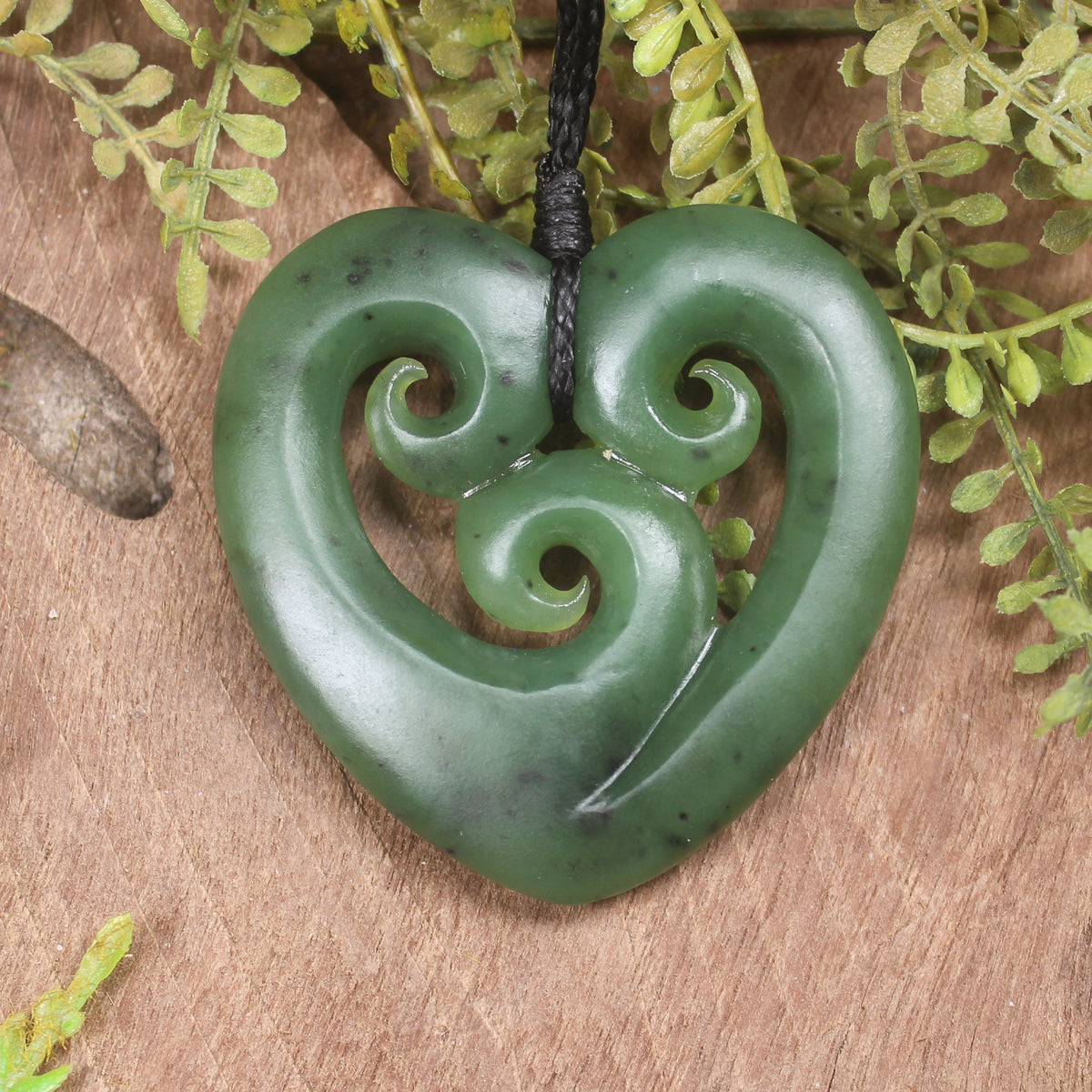 Heart with Koru carved from Hapopo Pounamu - NZ Greenstone