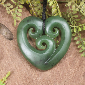 Heart with Koru carved from Hapopo Pounamu - NZ Greenstone