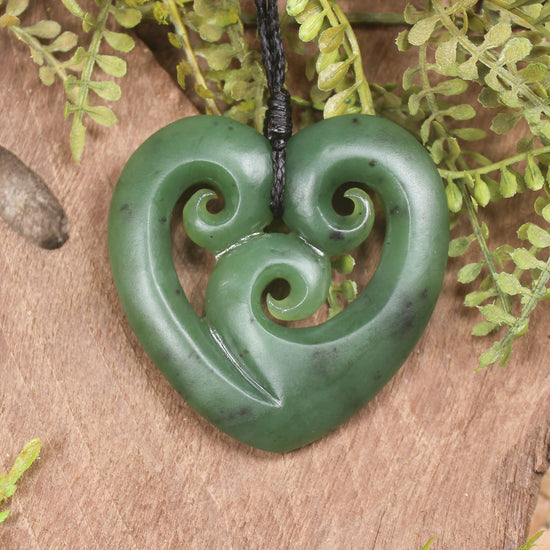 Heart with Koru carved from Hapopo Pounamu - NZ Greenstone