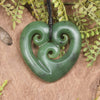 Heart with Koru carved from Hapopo Pounamu - NZ Greenstone