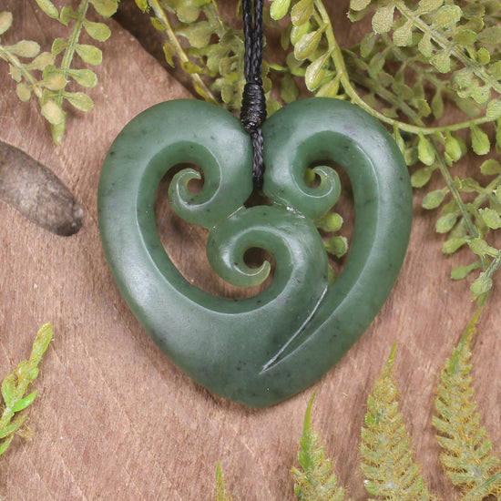 Heart with Koru carved from Hapopo Pounamu - NZ Greenstone