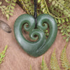 Heart with Koru carved from Hapopo Pounamu - NZ Greenstone