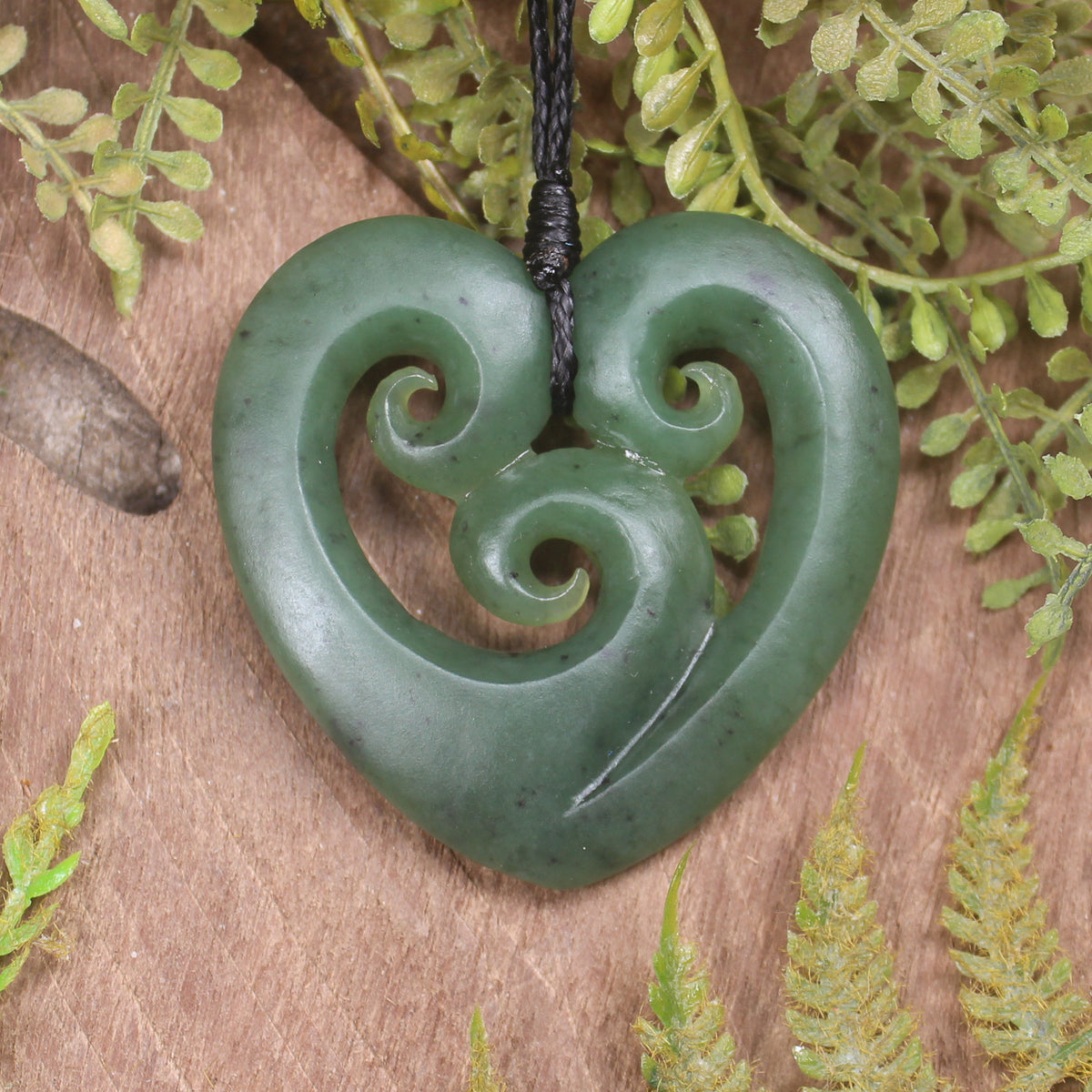 Heart with Koru carved from Hapopo Pounamu - NZ Greenstone
